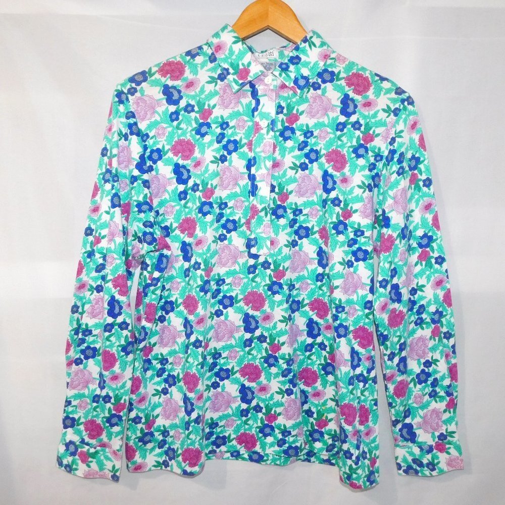 Leon Levin  Long Sleeve floral Polo shirt Womens L Teal Pink Blue